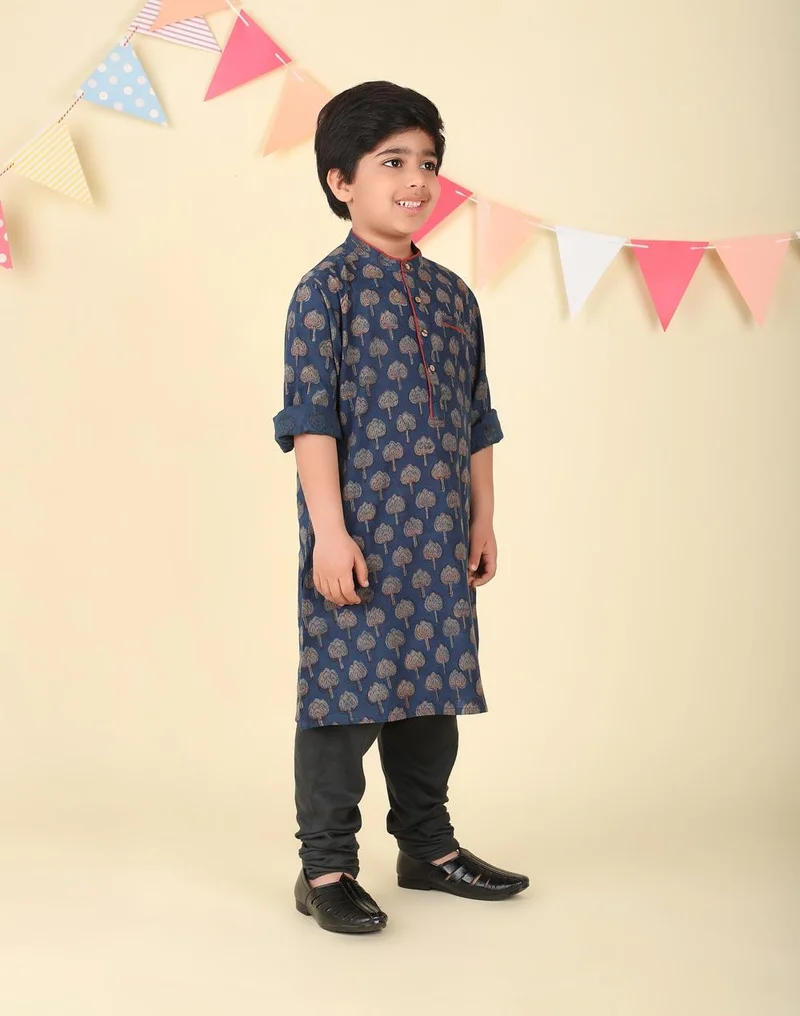 Fabindia Indigo Cotton Bagru Printed Long Kurta