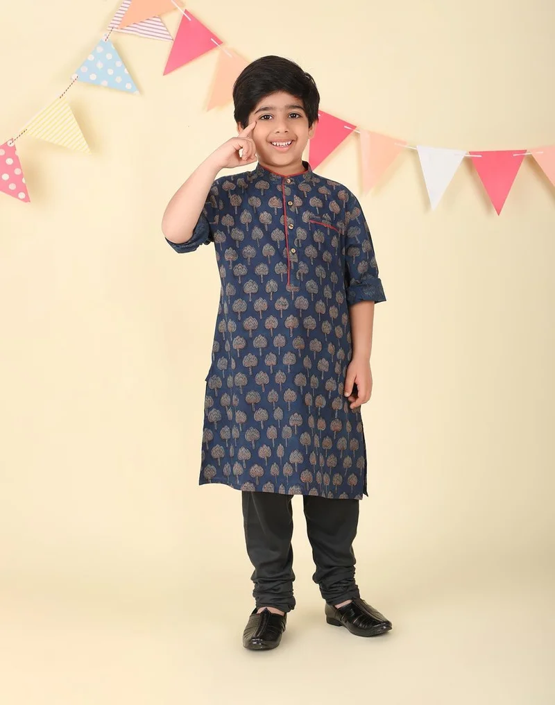 Fabindia Indigo Cotton Bagru Printed Long Kurta