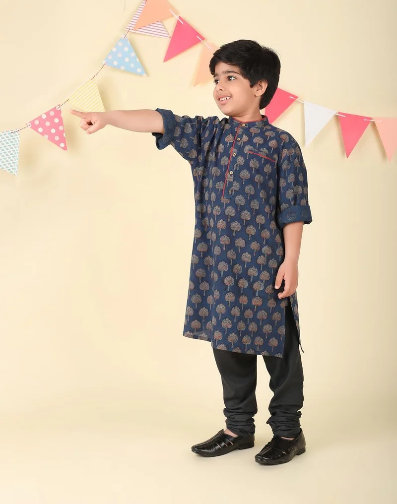 Fabindia Indigo Cotton Bagru Printed Long Kurta