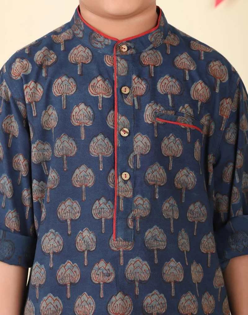 Fabindia Indigo Cotton Bagru Printed Long Kurta