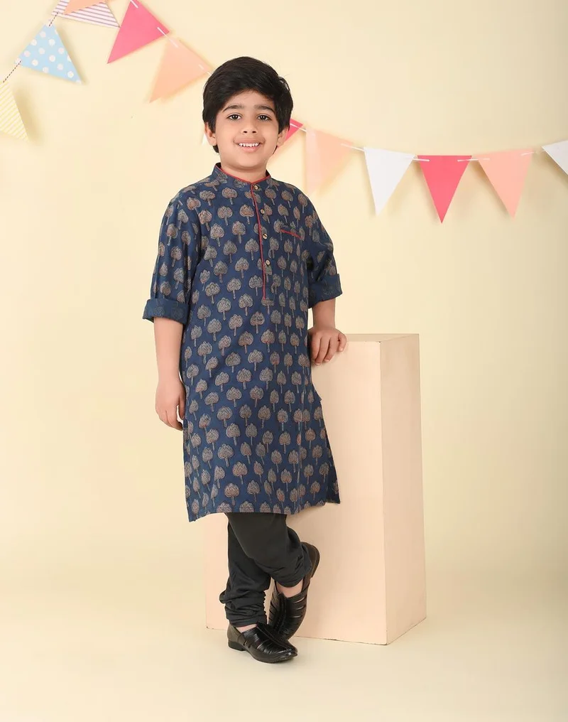 Fabindia Indigo Cotton Bagru Printed Long Kurta