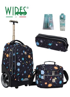 Wires 3 Piece Kids School Trolley Bag laptop compartment Big Wheels With Lunch bag & Pencil Case  - Image 1