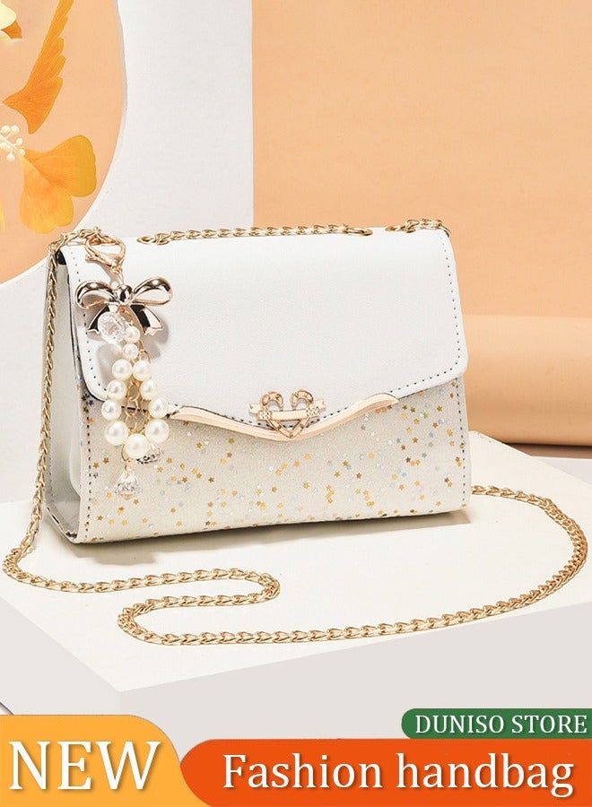 DUNISO Women's crossbody bag, PU leather bag, magnetic button shoulder bag handbag, with pendant, can hold wallet, phone, cosmetics, white - Image 1