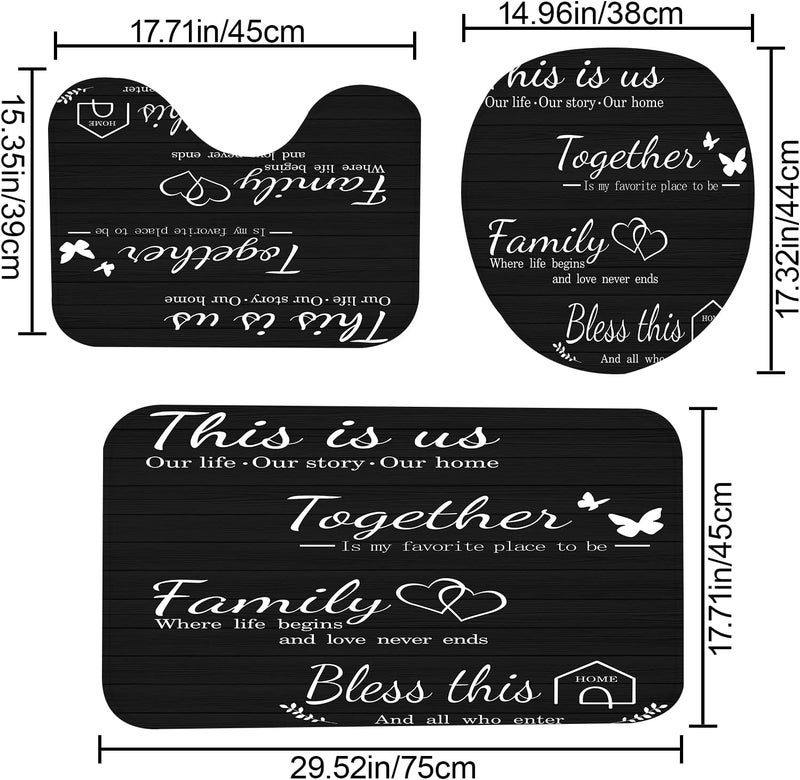 juwute 4Pcs Family Shower Curtain Sets with Non-Slip Rugs, Toilet Lid Cover and Bath Mat, Black Home Bathroom Decor Set Accessories Waterproof Shower Curtains with 12 Hooks, 72 x 72 Inch - Image 4