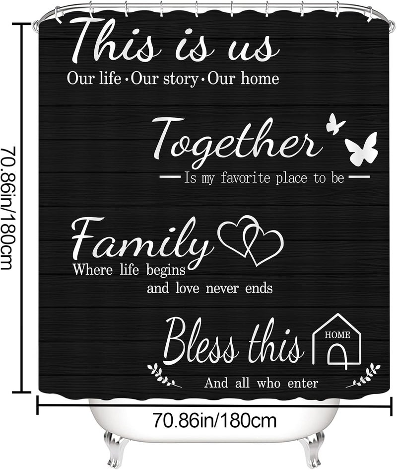 juwute 4Pcs Family Shower Curtain Sets with Non-Slip Rugs, Toilet Lid Cover and Bath Mat, Black Home Bathroom Decor Set Accessories Waterproof Shower Curtains with 12 Hooks, 72 x 72 Inch - Image 3