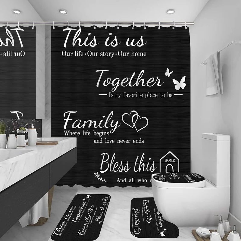 juwute 4Pcs Family Shower Curtain Sets with Non-Slip Rugs, Toilet Lid Cover and Bath Mat, Black Home Bathroom Decor Set Accessories Waterproof Shower Curtains with 12 Hooks, 72 x 72 Inch - Image 2