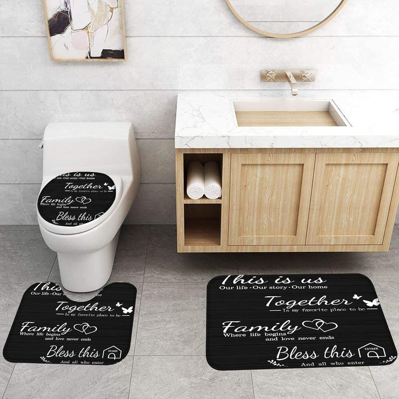 juwute 4Pcs Family Shower Curtain Sets with Non-Slip Rugs, Toilet Lid Cover and Bath Mat, Black Home Bathroom Decor Set Accessories Waterproof Shower Curtains with 12 Hooks, 72 x 72 Inch - Image 5