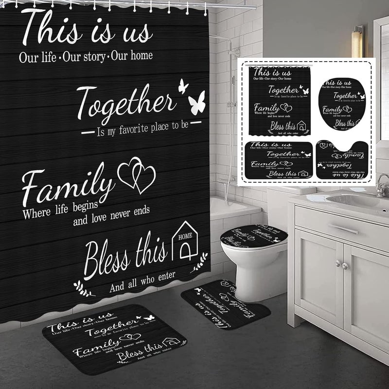 juwute 4Pcs Family Shower Curtain Sets with Non-Slip Rugs, Toilet Lid Cover and Bath Mat, Black Home Bathroom Decor Set Accessories Waterproof Shower Curtains with 12 Hooks, 72 x 72 Inch - Image 1