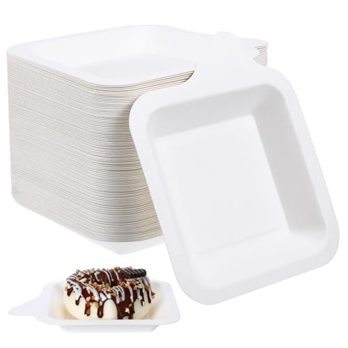 Xaajooio 300 Pcs 4.41 x 5.24 Inch Small Disposable Paper Plates Mini Square Dessert Snack Plates, Beige Sugarcane Bagasse Fiber, for Party Wedding Birthday - Image 1