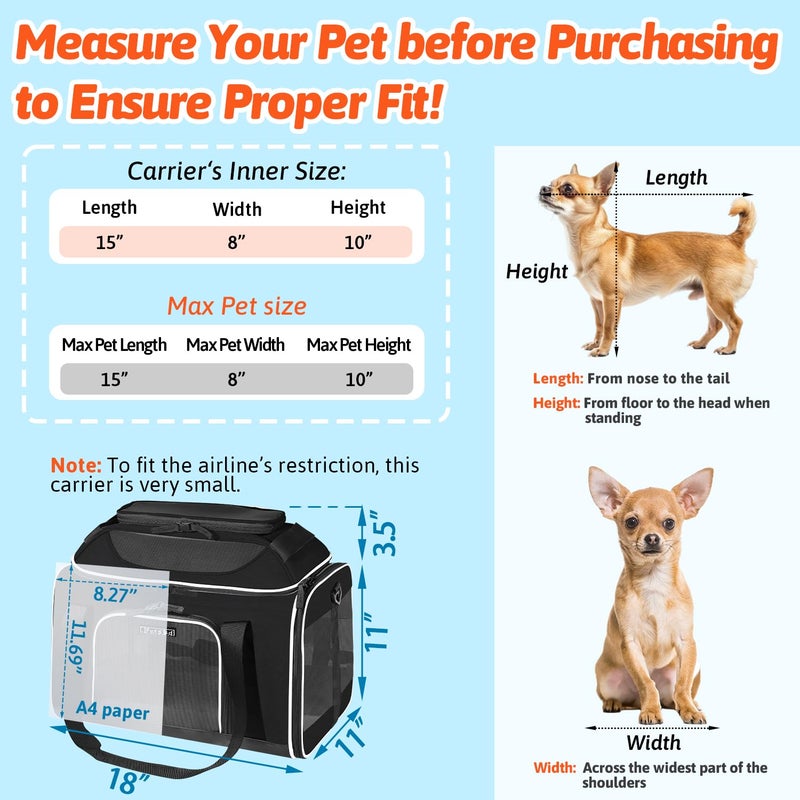 Petskd Top-Expandable Pet Carrier 18x11x11 Inches Delta American United Airline Approved, Soft-Sided Carrier for Small Cats and Dogs with Locking Safety Zippers and Anti-Scratch Mesh(Black) - Image 3
