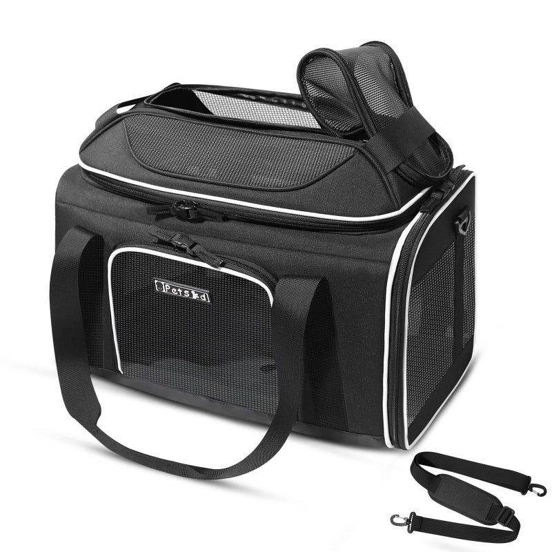Petskd Top-Expandable Pet Carrier 18x11x11 Inches Delta American United Airline Approved, Soft-Sided Carrier for Small Cats and Dogs with Locking Safety Zippers and Anti-Scratch Mesh(Black) - Image 1