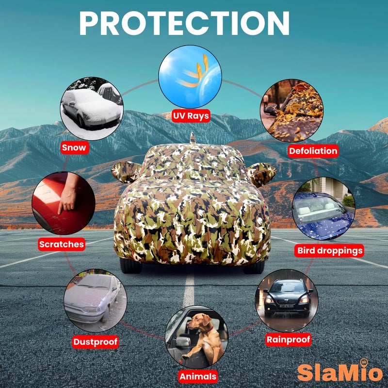 Slamio Waterproof Car Body Cover for Maruti Suzuki Wagon R 2019-2025 Models, with Mirror & Antenna Pocket, All Weather Protection, UV Resistant & Dust Proof, Triple Stitch, Jungle Print - Image 3