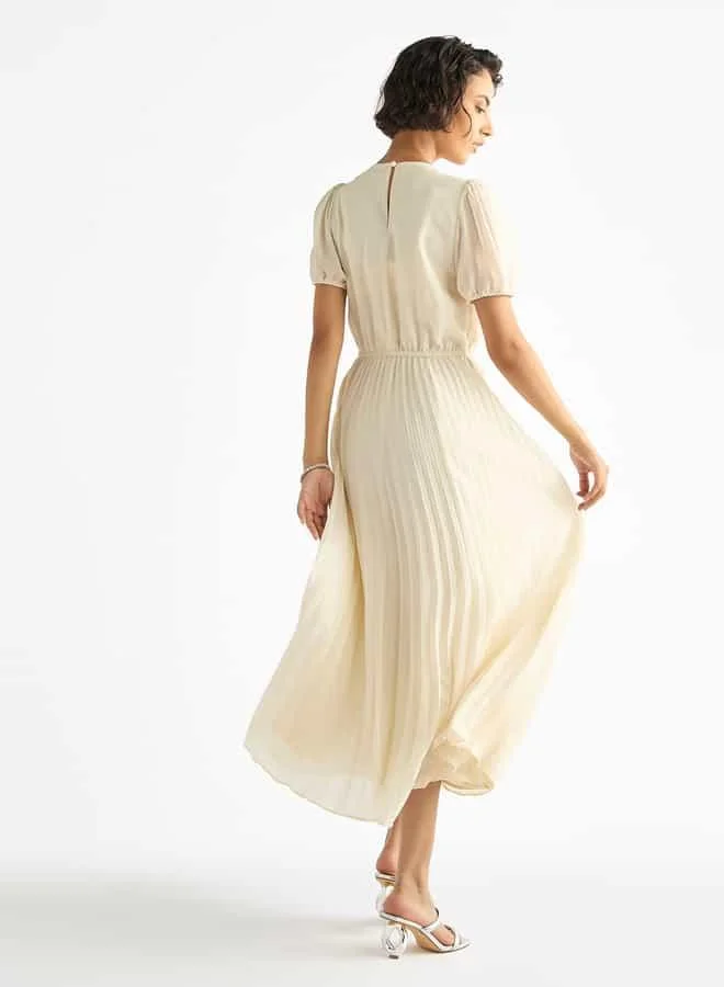 Splash FAV Pleated Keyhole Neck Dress with Puff Sleeves