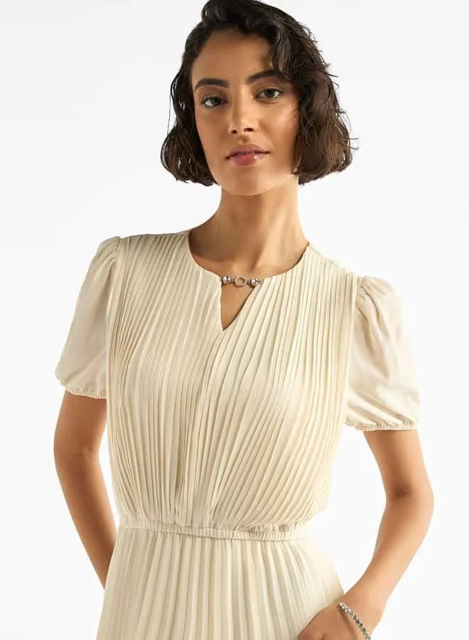 Splash FAV Pleated Keyhole Neck Dress with Puff Sleeves