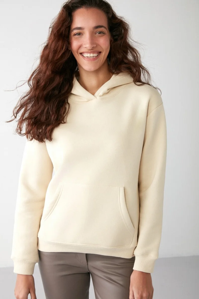 جريميلانج Adel Relaxed Fit Knitted Kangaroo Pocket Hooded Vanilla Sweatshirt