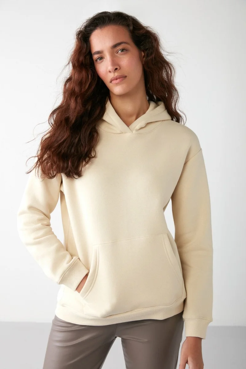 جريميلانج Adel Relaxed Fit Knitted Kangaroo Pocket Hooded Vanilla Sweatshirt