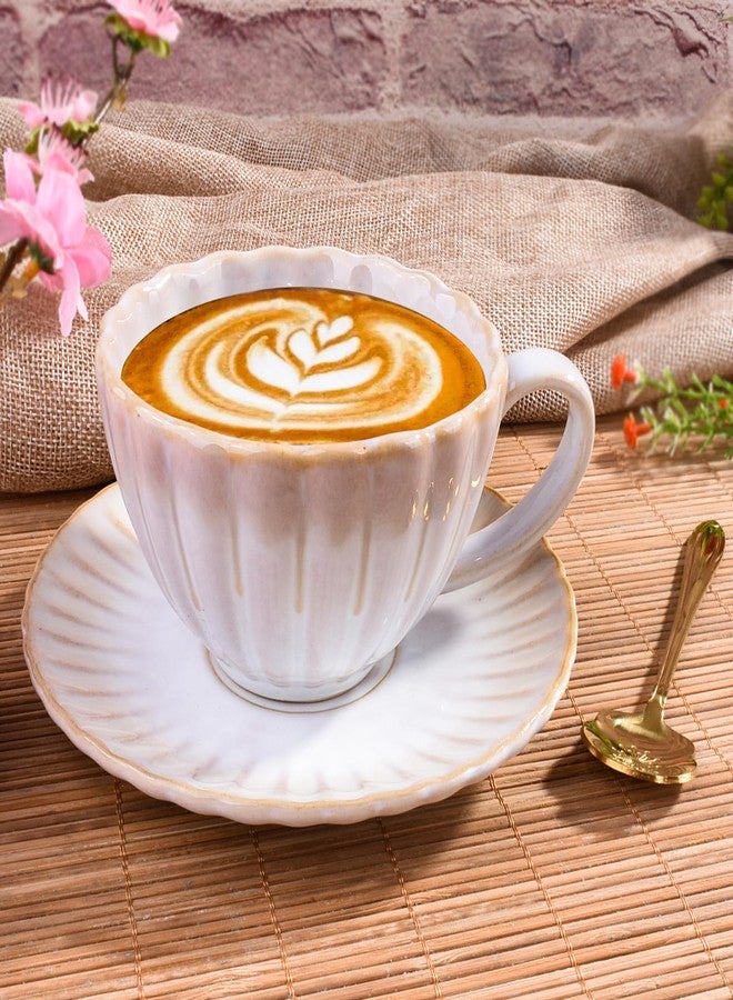 Whitenesser كوب قهوة سيراميك مع صحن وملعقة ذهبية، كوب شاي أبيض متدرج الألوان على شكل زهور سعة 8 أونصة، مناسب للقهوة والشاي والمشروبات الساخنة، أدوات شرب بيضاء أنيقة للمنزل والمكتب - Image 3
