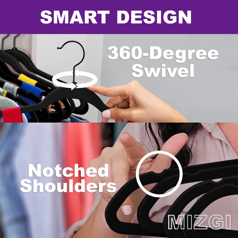 MIZGI Premium Velvet Hangers (60 Pack) Heavy Duty - Non Slip Felt Hangers- Velvet Suit Hanger Black - Black Coated Hooks,Space Saving Clothes Hangers - Image 3