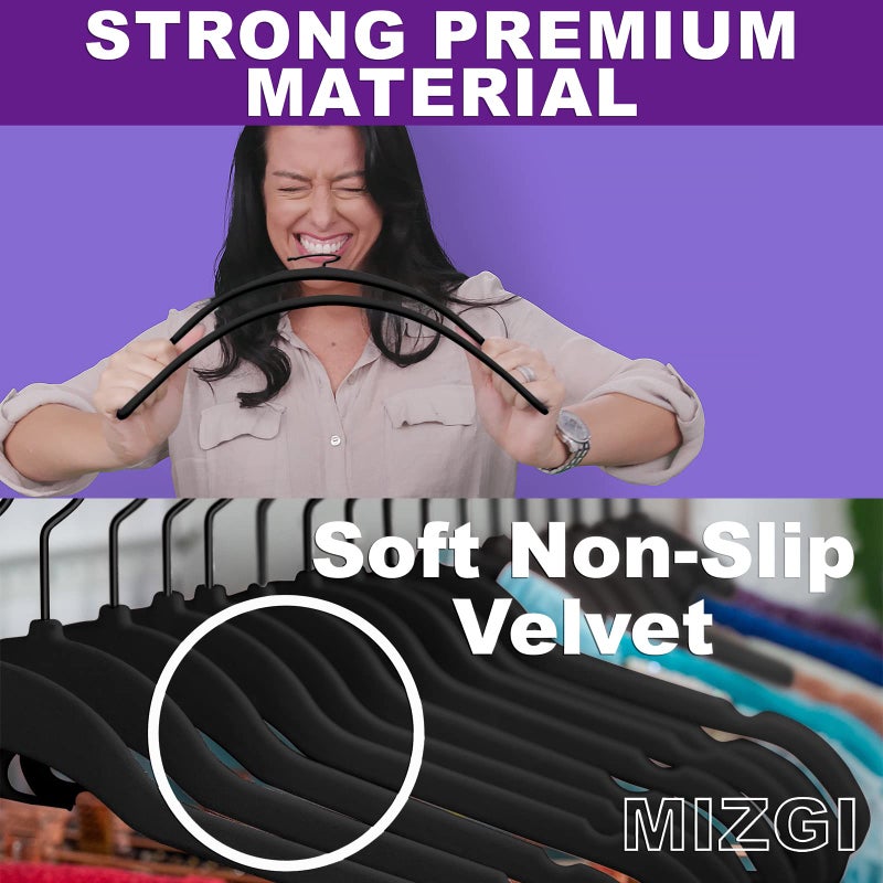 MIZGI Premium Velvet Hangers (60 Pack) Heavy Duty - Non Slip Felt Hangers- Velvet Suit Hanger Black - Black Coated Hooks,Space Saving Clothes Hangers - Image 2