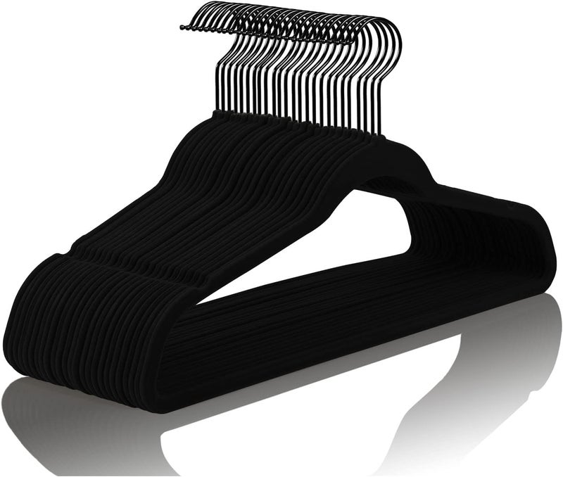 MIZGI Premium Velvet Hangers (60 Pack) Heavy Duty - Non Slip Felt Hangers- Velvet Suit Hanger Black - Black Coated Hooks,Space Saving Clothes Hangers - Image 1