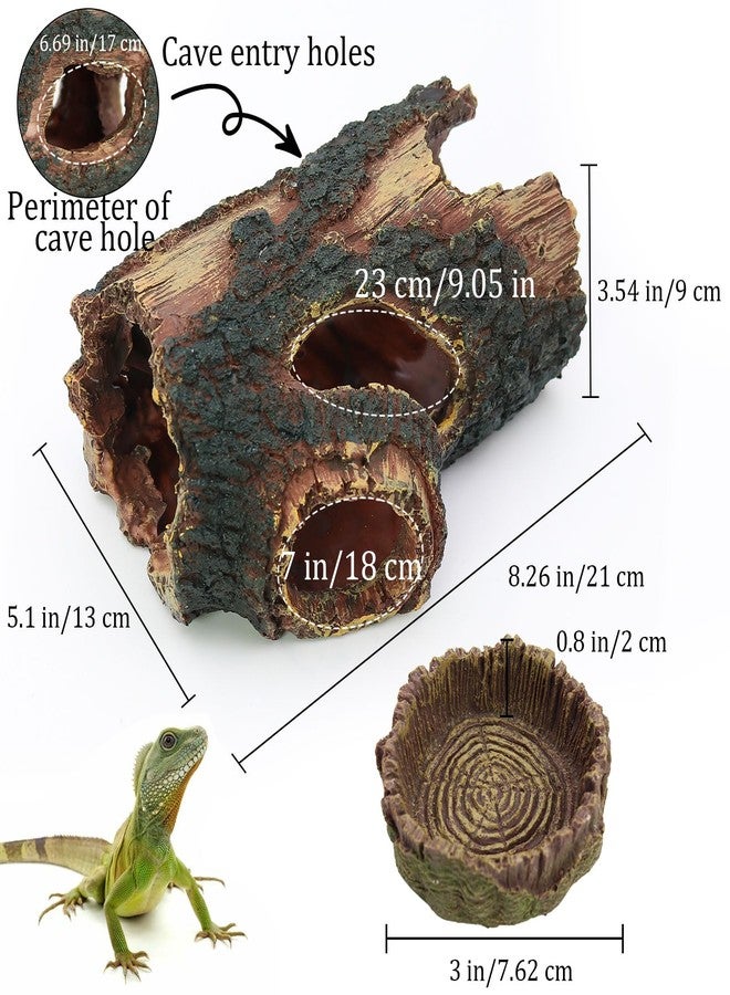 Dexspoeny 3 pcs Large Reptile Hide Cave Set with Food & Water Bowls. Natural Resin Hollow Tree Trunk Hideout. Reptile and Fish Tank Accessories for Geckos, Lizards, Snakes and Hermit Crabs - Image 2