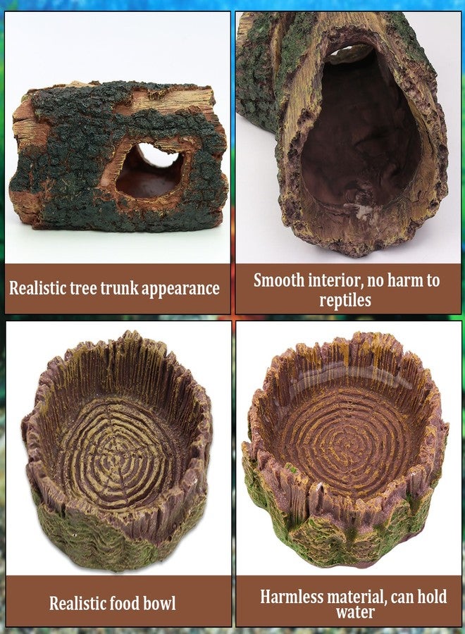 Dexspoeny 3 pcs Large Reptile Hide Cave Set with Food & Water Bowls. Natural Resin Hollow Tree Trunk Hideout. Reptile and Fish Tank Accessories for Geckos, Lizards, Snakes and Hermit Crabs - Image 3