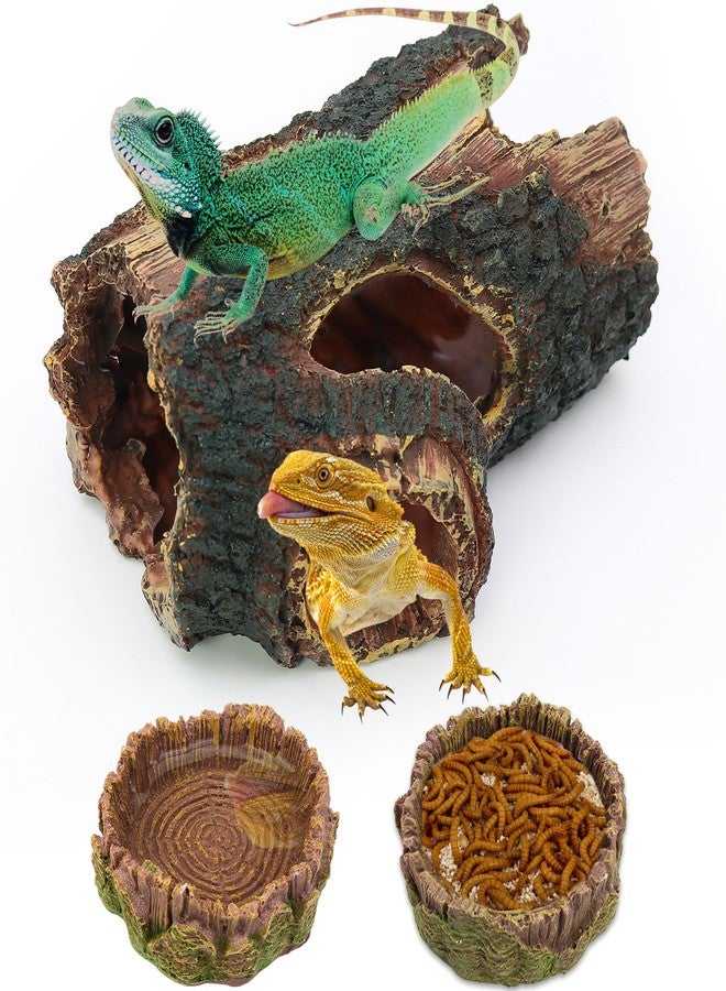 Dexspoeny 3 pcs Large Reptile Hide Cave Set with Food & Water Bowls. Natural Resin Hollow Tree Trunk Hideout. Reptile and Fish Tank Accessories for Geckos, Lizards, Snakes and Hermit Crabs - Image 1