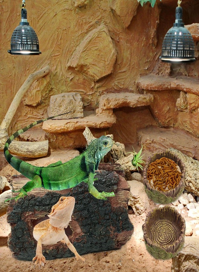 Dexspoeny 3 pcs Large Reptile Hide Cave Set with Food & Water Bowls. Natural Resin Hollow Tree Trunk Hideout. Reptile and Fish Tank Accessories for Geckos, Lizards, Snakes and Hermit Crabs - Image 4