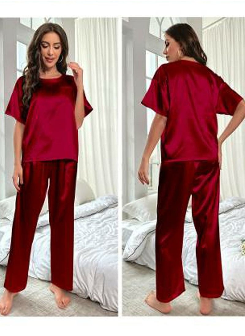 Loquat - Women's Solid Color 2-Piece Set Nightgown Sleepwear Short Sleeve Top And Pants Soft Loungewear Pajamas  Suit Wine Red - Image 1