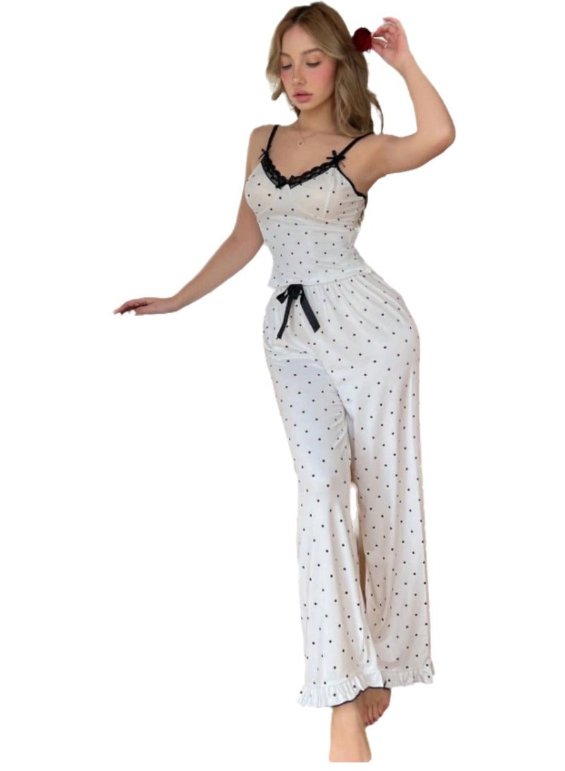 Women's 2-Piece Polka Dot Pajama Set - Soft Cotton Blend Cami Top with Lace Trim & Wide-Leg Pants - White/Black (Fits up to 65kg) - Image 1