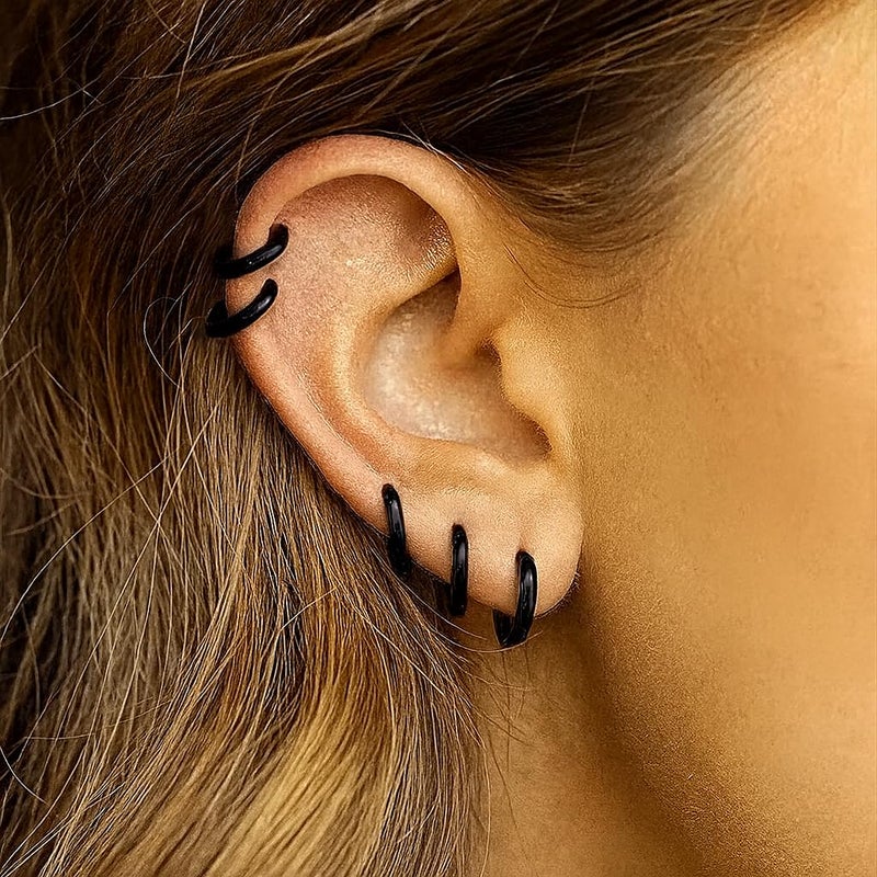 AMASIS 1 Pair 7mm Black Earrings for Men Women, 316L Surgical Stainless Steel Small Hoop Earrings Hypoallergenic Non Tarnish Cartilage Hoop Earrings for Multiple Piercing Huggie Hoop Earrings (Black/1.6mm) - Image 3