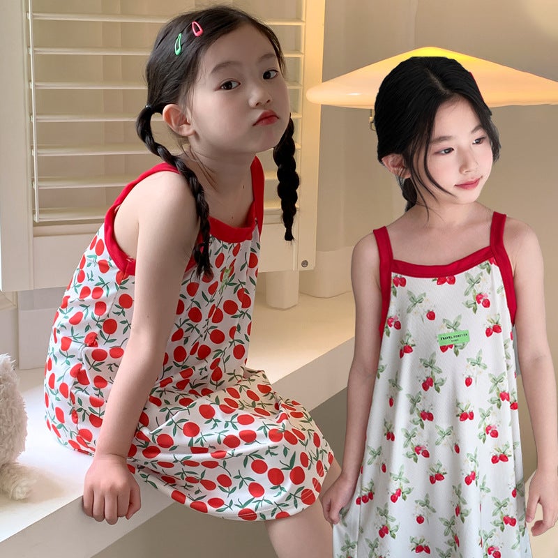 Summer Girls Suspender Skirt Cute Plaid Small And Medium-Sized Children'S Floral Home Dress Baby Beach Skirt Nightgown - Image 2