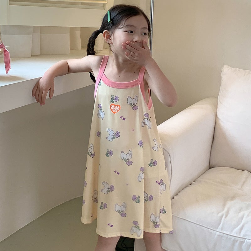 Summer Girls Suspender Skirt Cute Plaid Small And Medium-Sized Children'S Floral Home Dress Baby Beach Skirt Nightgown - Image 1