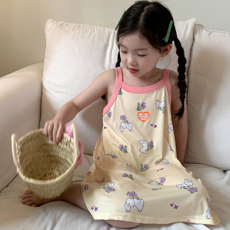 Summer Girls Suspender Skirt Cute Plaid Small And Medium-Sized Children'S Floral Home Dress Baby Beach Skirt Nightgown - Image 5