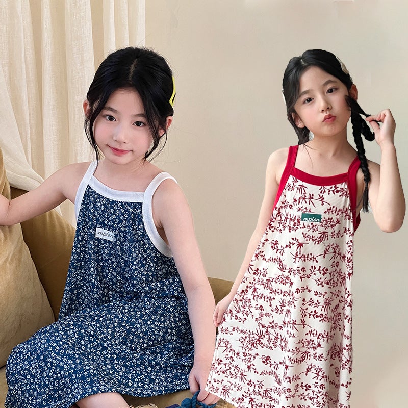 Summer Girls Suspender Skirt Cute Plaid Small And Medium-Sized Children'S Floral Home Dress Baby Beach Skirt Nightgown - Image 4