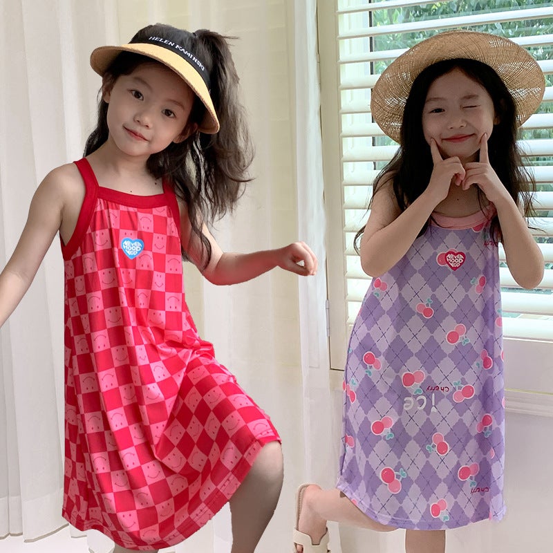 Summer Girls Suspender Skirt Cute Plaid Small And Medium-Sized Children'S Floral Home Dress Baby Beach Skirt Nightgown - Image 3