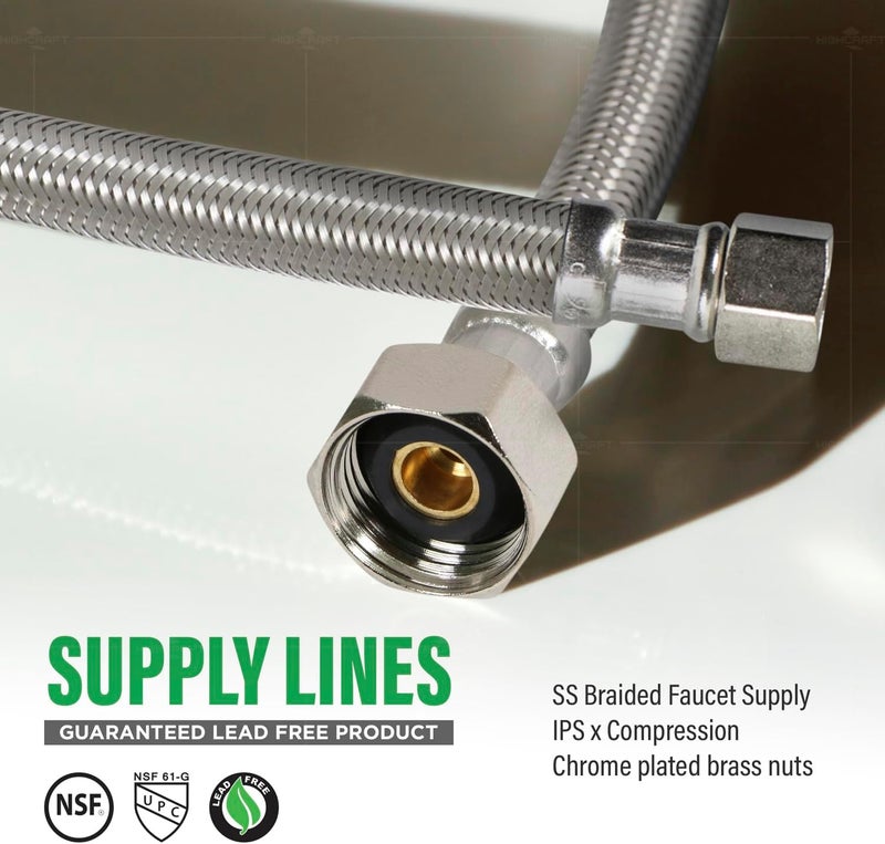HIGHCRAFT CNCT27116-OM-2 Braided Faucet Connector 16" Long, 1/2" IPS Brass Nut X 3/8 Female Fitting, Stainless Steel Lead-Free, 2 Pack - Image 2