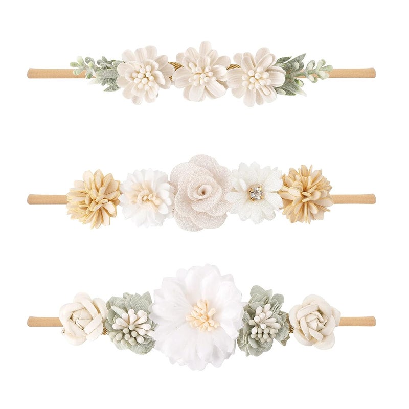 mligril Baby Girl Nylon Headbands Flower Hair Bows Accessories-Elastic Hair Band Crown Handmade FLoral Wraps Birthday Gifts for Girls Newborn Infant Toddler 3Pcs - Image 1