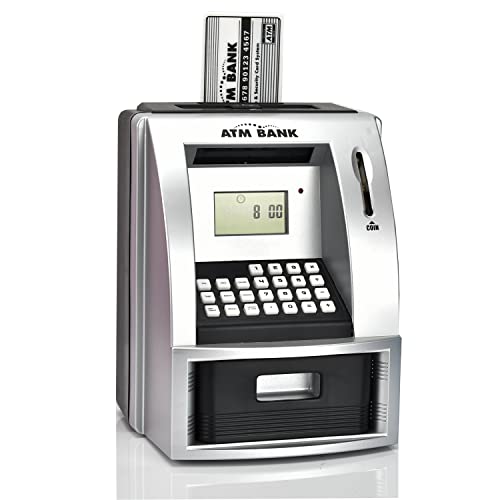 ATMBnk ATM Piggy Bank for Kids Electronic Money Bank with Coin Counter Goal Tracker Password Card Auto Bill Intake with Voice Prompts Compact Savings Gift for Boys Girls Ages 612 Black - Image 1