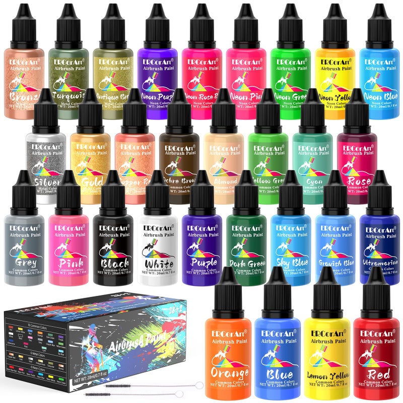 ERCorArt Airbrush Paint Set - 30 Colors Ready to Spray Airbrush Kit with 2 Cleaning Brush, Water Based Acrylic Air Brush Paint for Metal, Plastic Models, Artists - 0.7fl oz - Image 1