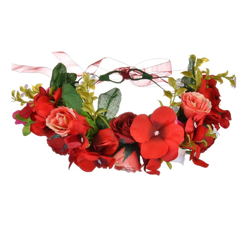 LLinfflr Flower Garland Headband Rose Flower Crown Hair Wreath Floral Halo Headpiece Boho with Ribbon Wedding Party Photos Red