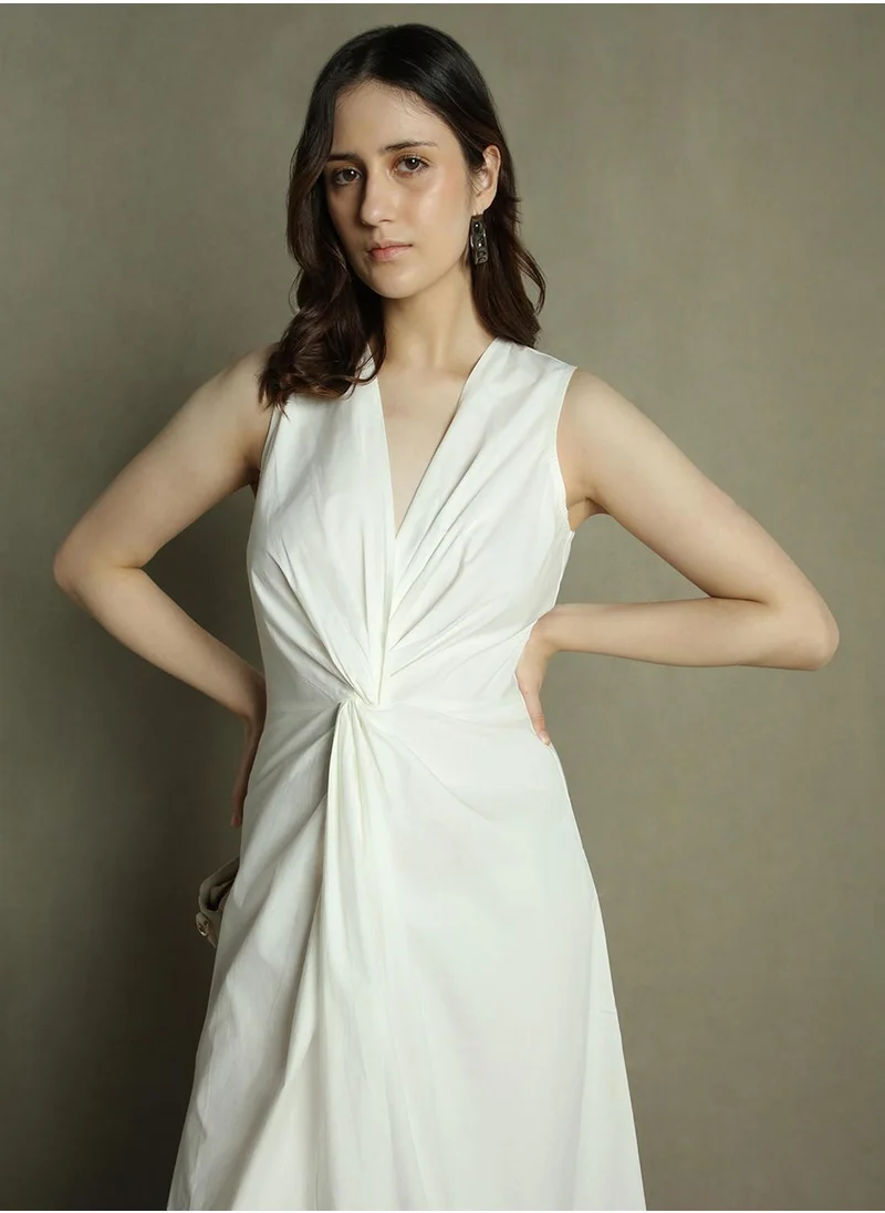 دينيس لينغو Women's Off White 100% Cotton Solid Slim Fit Dress