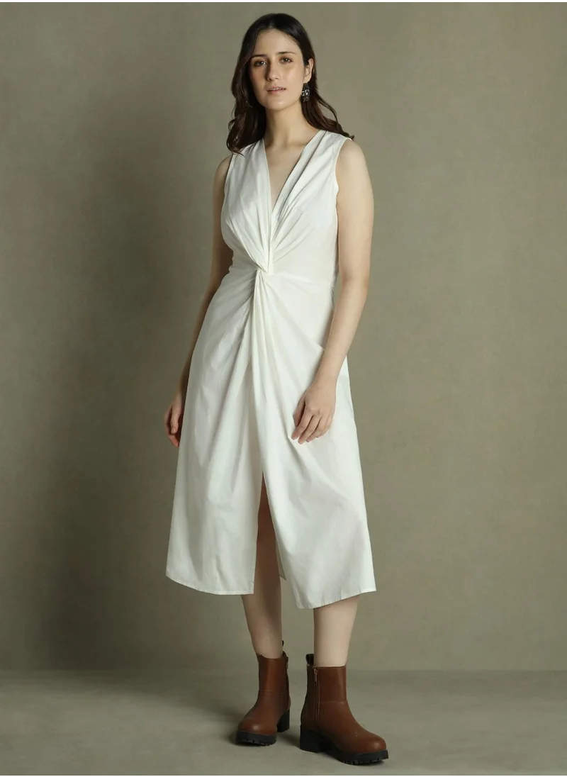 دينيس لينغو Women's Off White 100% Cotton Solid Slim Fit Dress