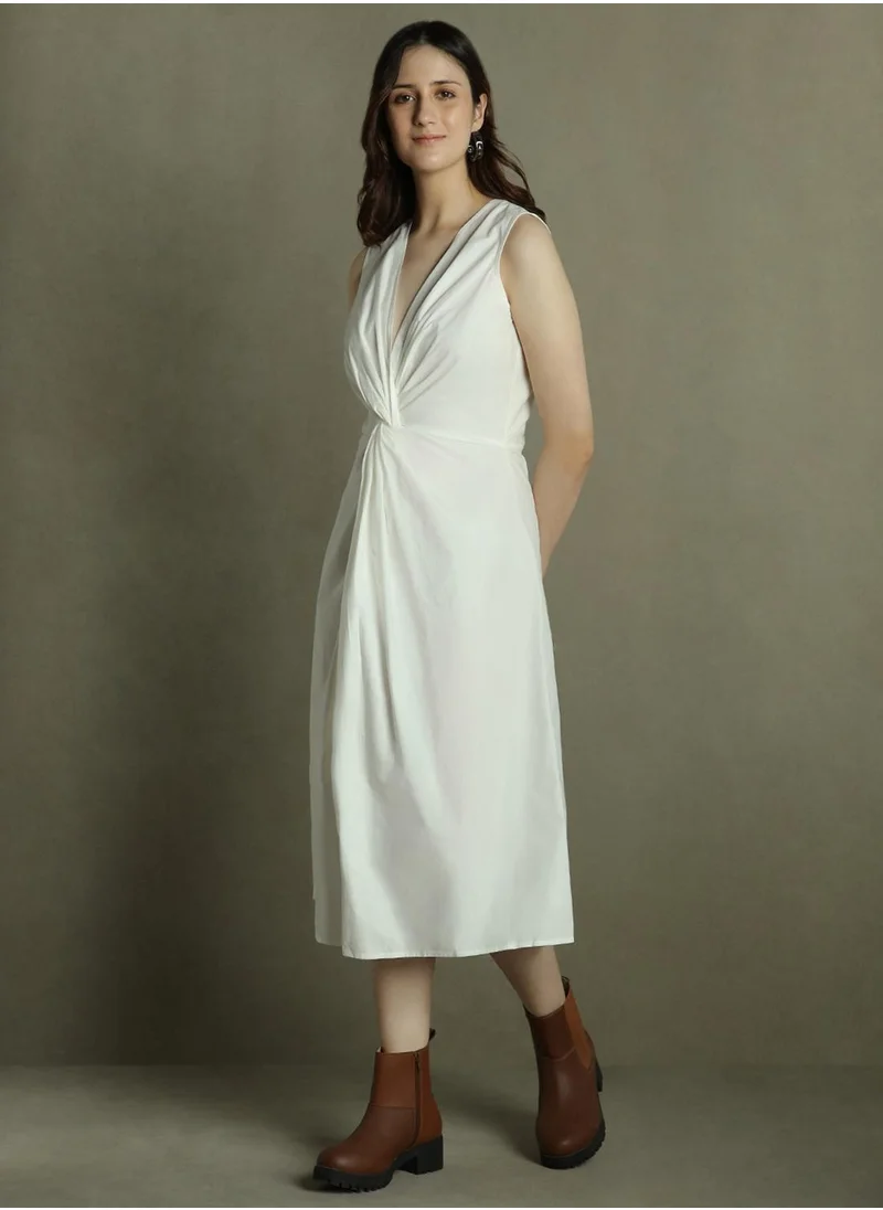 دينيس لينغو Women's Off White 100% Cotton Solid Slim Fit Dress