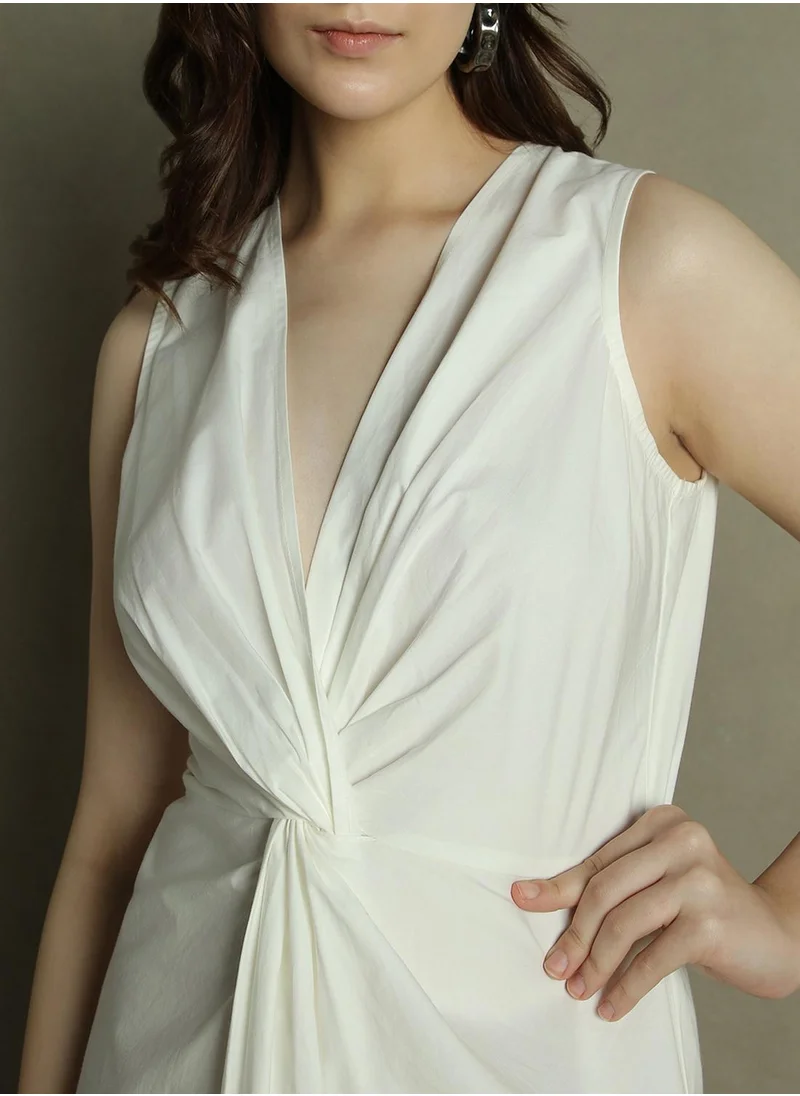دينيس لينغو Women's Off White 100% Cotton Solid Slim Fit Dress