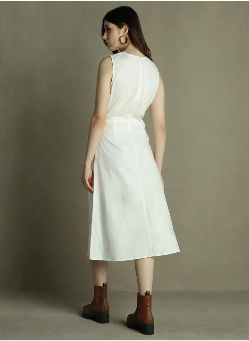 دينيس لينغو Women's Off White 100% Cotton Solid Slim Fit Dress
