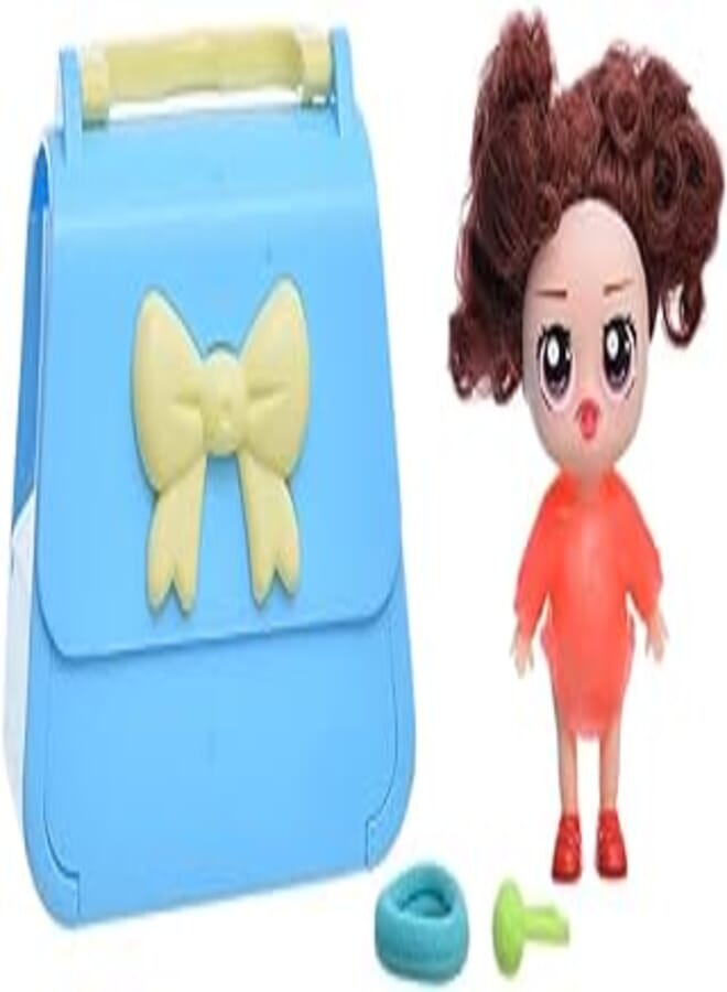 Generic Plastic Small Hand Bag With Shoulder Strap And Pretty Doll With Her Accessories For Kids Set Of 10 Pieces - Blue Yellow 