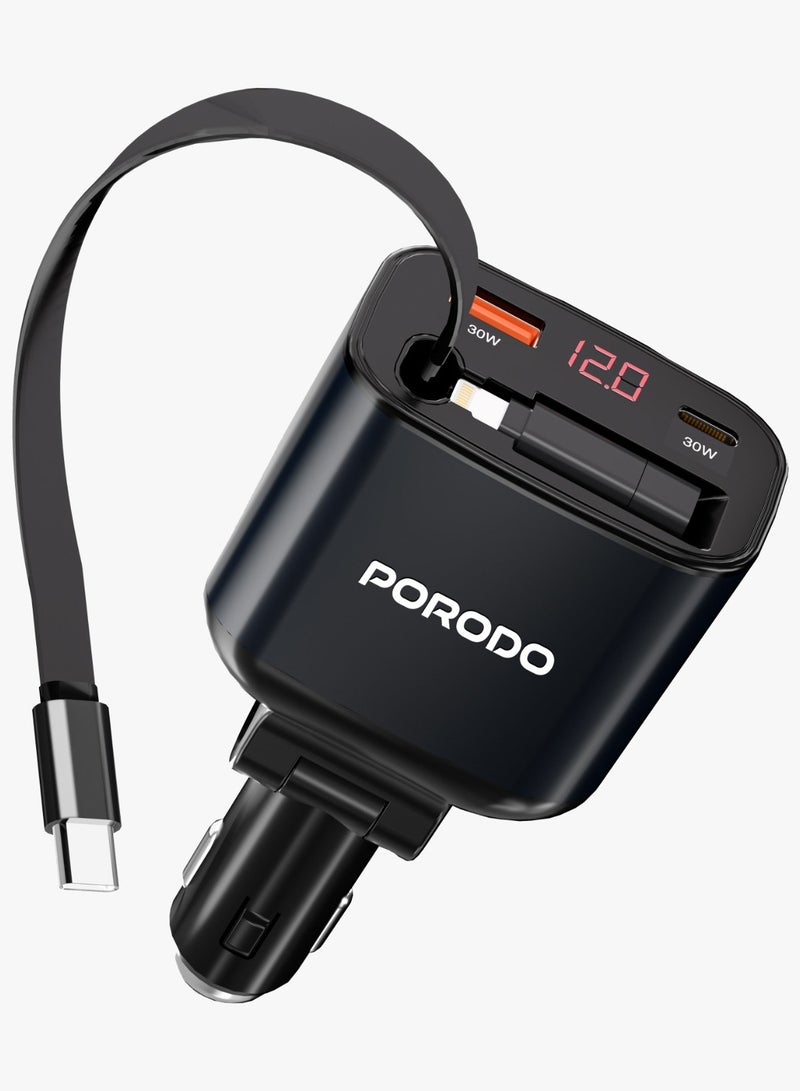 porodo 105W Dual Port & Dual Connector Car Charger With Retractable Cable 2FT/80CM / Universal Compatibility / Voltage Monitor / Simultaneous Charging  - Black - Image 1
