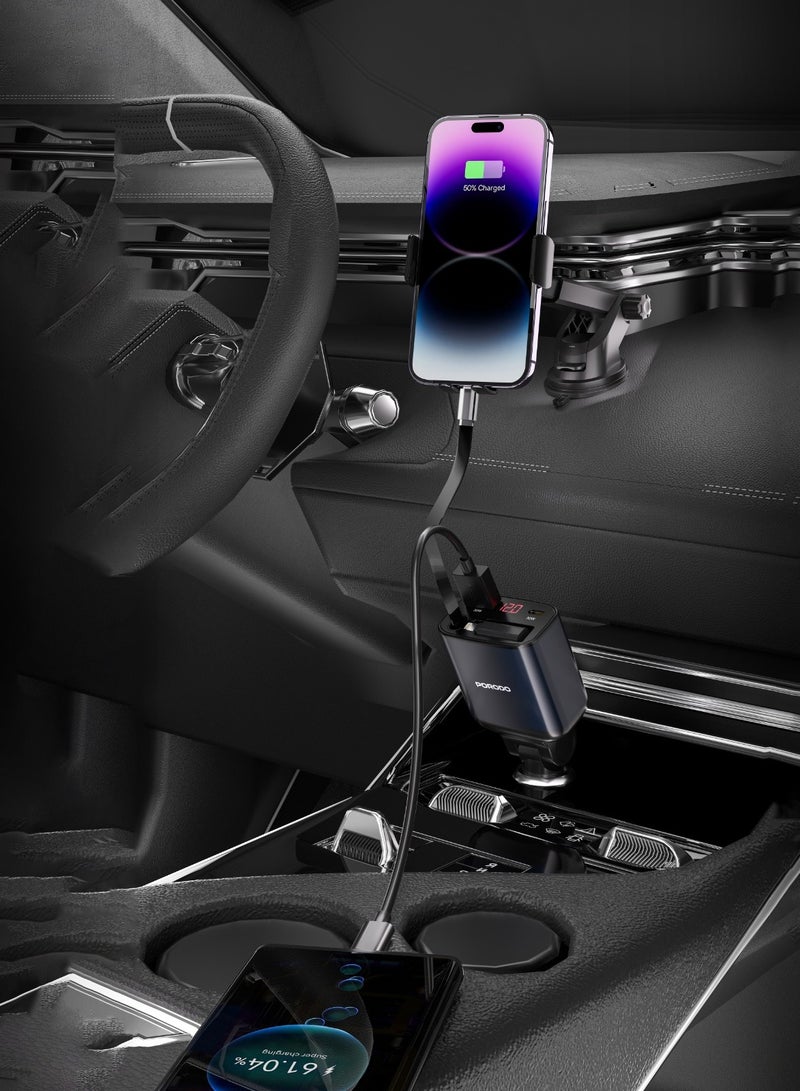 porodo 105W Dual Port & Dual Connector Car Charger With Retractable Cable 2FT/80CM / Universal Compatibility / Voltage Monitor / Simultaneous Charging  - Black - Image 2