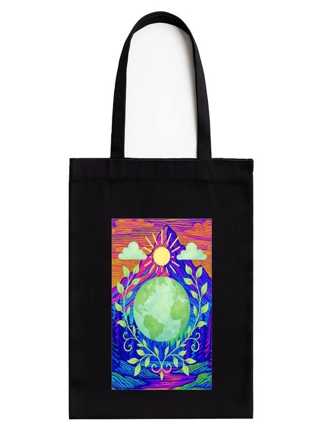 Megrok Radiant Globe Tote Bag for Women | Front A4 Size Printed Pocket | 16x14 Inch Earth Design Cotton Bag | Environmental Awareness Bag - Image 1